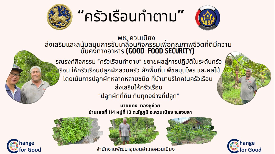 พช.ควนเนียง บูรณาการขับเคลื่อนการน้อมนำแนวพระราชดำริของสมเด็จพระกนิษฐาธิราชเจ้ากรมสมเด็จพระเทพรัตนราชสุดาฯ สยามบรมราชกุมาร สู่ปฏิบัติการปลูกผักสวนครัว เพื่อสร้างความมั่นคงทางอาหาร